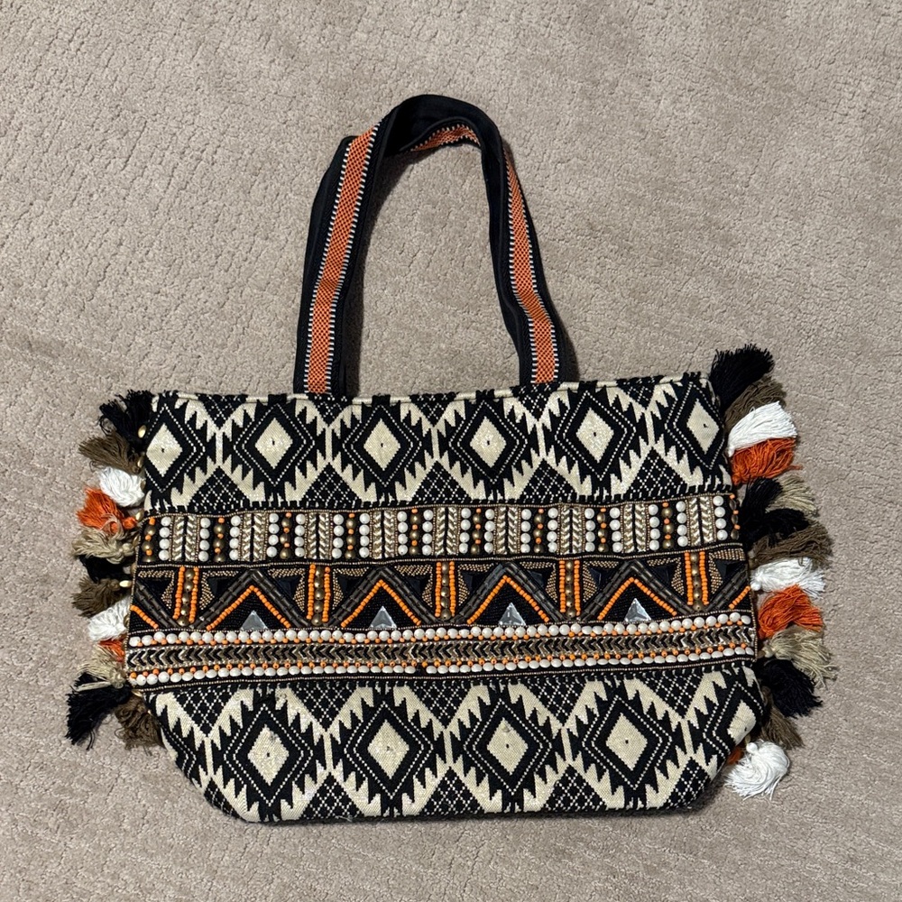 Big Buddha Bohemian Patterned Tote Bag - Black and Orange